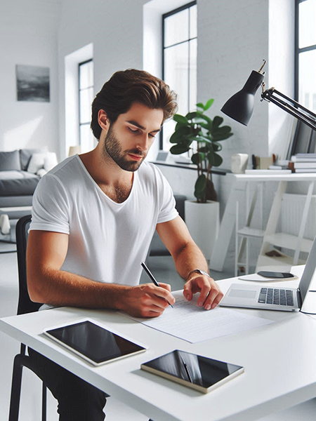 Image of a man writing an article for a client